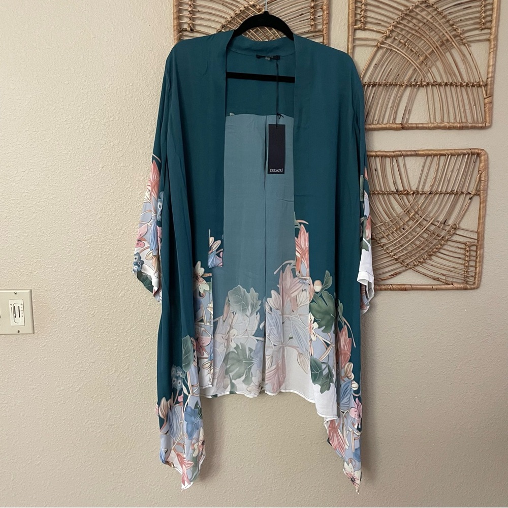 Dressori 100% Silk Long Kimono Cardigan‎ Floral Asian Art To Wear Sz L B24